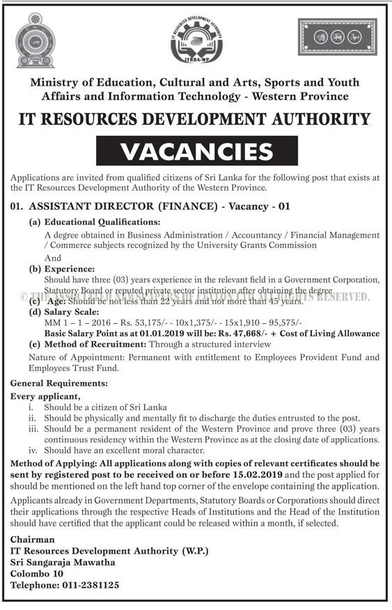 Assistant Director (Finance) - Information Technology Resources Development Authority - Western Province